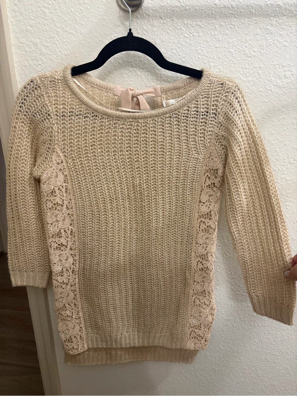 Lauren Conrad Beige Shimmer Knit Sweater with Lace Panels & Bow Back Size XS